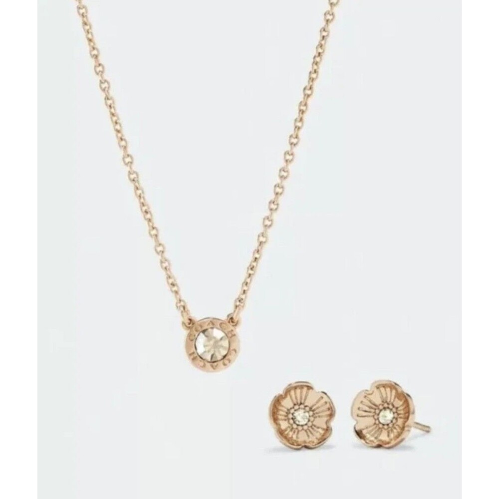 COACH Rose Gold Halo Necklace and Matching Flower Earring Set MSRP. $125